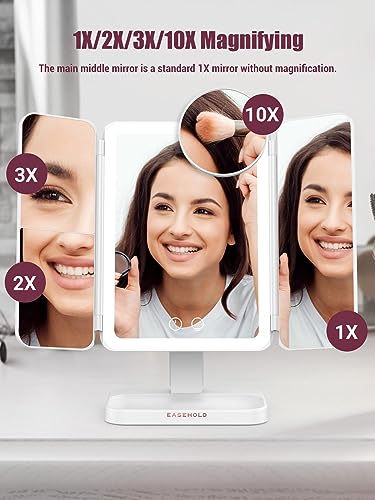 EASEHOLD Lighted Makeup Mirror with 60 LED Lights, 2X/3X/10X Magnifying Mirror, Leather-Like Tri-Fold Vanity Mirror, Smart Touch Stepless Dimming Travel Beauty Mirror, 3 Color Light, Bedroom, Gift - Thumbnail 4