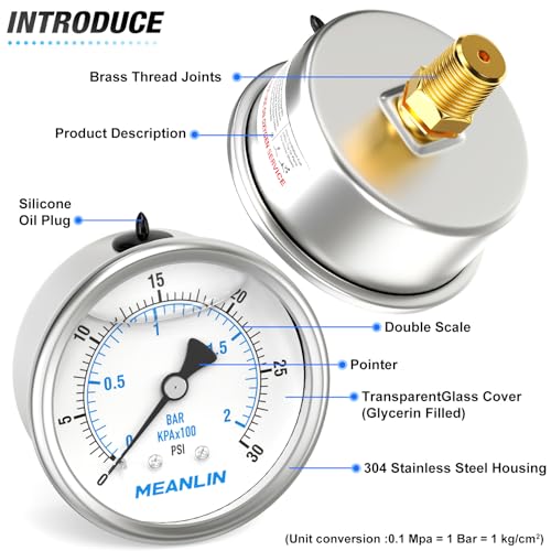 Image of MEANLIN MEASURE 0~30Psi Stainless Steel 1 /4 inch NPT 2.5 inch FACE DIAL Liquid Filled Pressure Gauge WOG Water Oil Air Center Back Mount, with 1 /2 inch NPT and 3 /8 inch NPT Hex Bushing