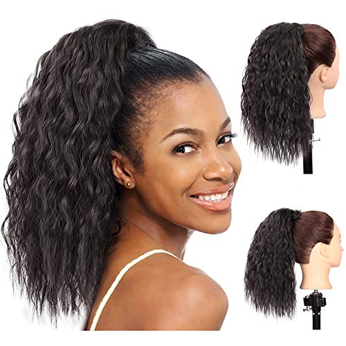 Isaic Curly Ponytail Extensions for Women Synthetic Wrap Around Fluffy Ponytail Magic Paste Corn Wave Ponytail Extension 14 Inch (2#, Dark Brown)