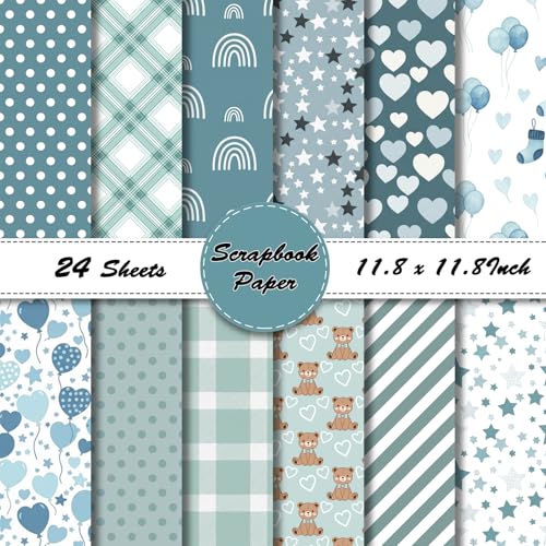 LENSARKU 24 Sheets 160GSM Baby Boy Scrapbook Paper 11.8 x 11.8 Inch Double-Sided Rainbow Bears Plaid Polka Dot Patterns for Junk Journals DIY Card Making Photo Albums Gift Wrapping