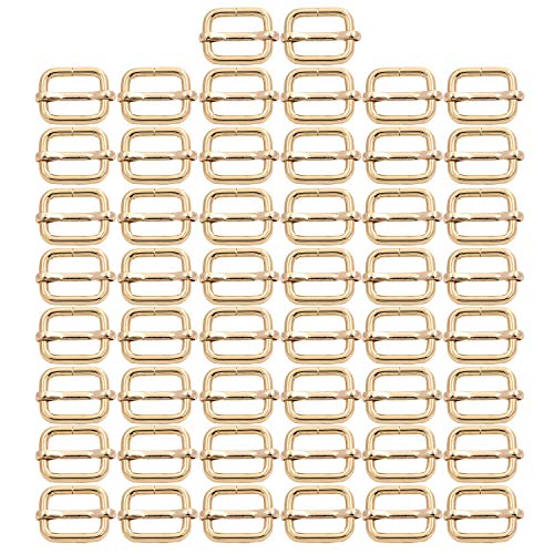 BIKICOCO Metal Slide Adjuster Buckle Tri-Glides with Movable Center Bar, for Straps, 0.6 x 0.51 Inch, Light Gold, Pack of 50
