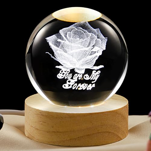 Image of 3D Rose Crystal Ball Lamp with Dimmable LED and Wooden Base, Night Light for Kids Teens Adults, Home Desk Office Bedroom Decor, Birthday Gift (2.4 inch / 6cm)