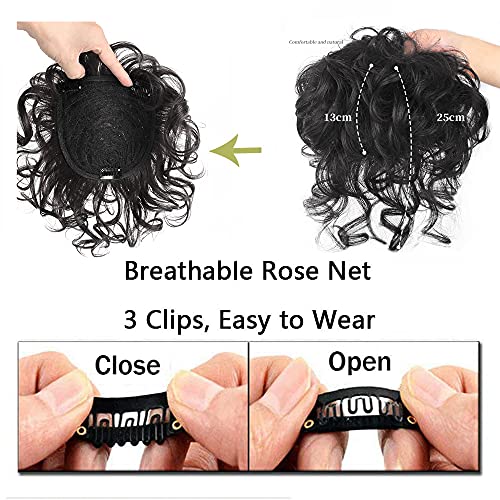 Icrab 10" Short Curly Real Human Hair Topper With Front Bangs For Women,Breathable Wiglets Hairpieces 5.1X5.5 Large Coverage Women Toupee Clip In Top Hair Pieces Wavy Topper Wigs(Natural Black) #TOP5
