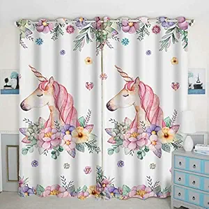 VN Creation 3D Digital Printed Unicorn & Flower Pattern Polyester Fabric Eyelet Rings Flower Curtains (Multicolour, Orange, 2, 4 x 7)