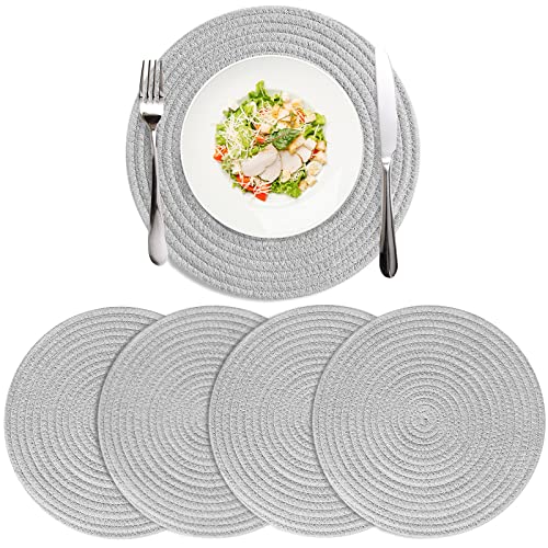 Amidaky Round Cotton Placemats Set Of 4 Woven Place Mats 12 Inch Washable Table Mats For Round Dining Table Light Grey #TOP4
