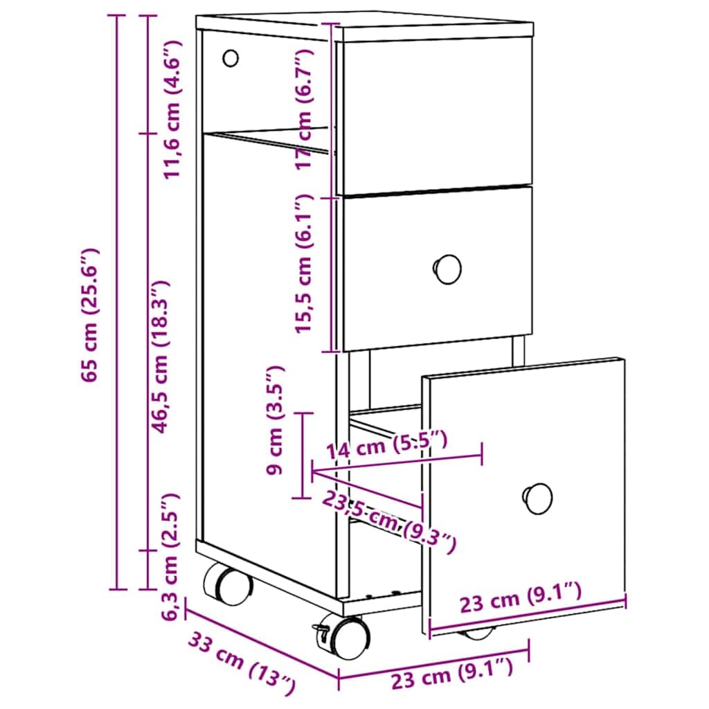 vidaXL Badschrank, Badezimmerschrank Schmal mit Rollen, Badrollwagen mit Stauraum, Nischenwagen für Badezimmer, Badmöbel, Artisan-Eiche Holzwerkstoff