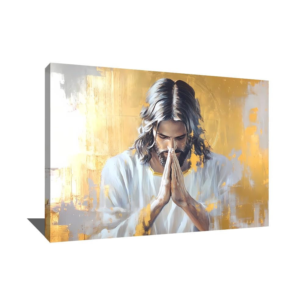 Alessio Cacciatore Cuadro con marco de Jesucristo – Arte mural cristiano – Decoración de pared dorada – Impresión sobre lienzo Zen – Cuadro religioso católico – Decoración de pared espiritual (120 x