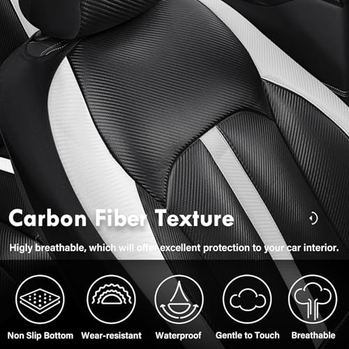 Image of Coverado Leather Car Seat Covers Front Seats & Carbon Fiber, Waterproof and Durable All Weather Protector, Universal Fit for SUV, Pickup Truck, Sedan, Automotive Vehicle Interior, Black&White