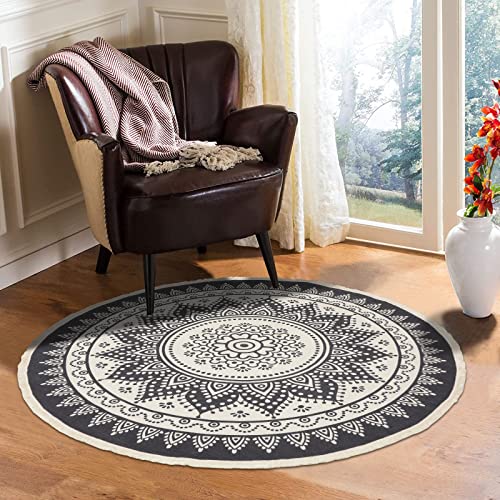 Hebe Cotton Round Area Rug 4' Hand Woven Cotton Area Rug With Tassels Fringe Washable Chic Bohemian Mandala Indoor Throw Rugs For Living Room Bedroom,Mandala-Grey #TOP6