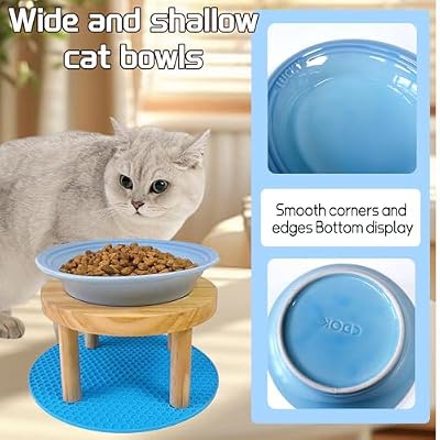 Elevated Cat Bowls Raised Ceramic Cat Dishes Adjustable Height Stand Whisker Fatigue Friendly Food Plates Feeding Station for Kittens Puppies Dog(Pink)(Blue)