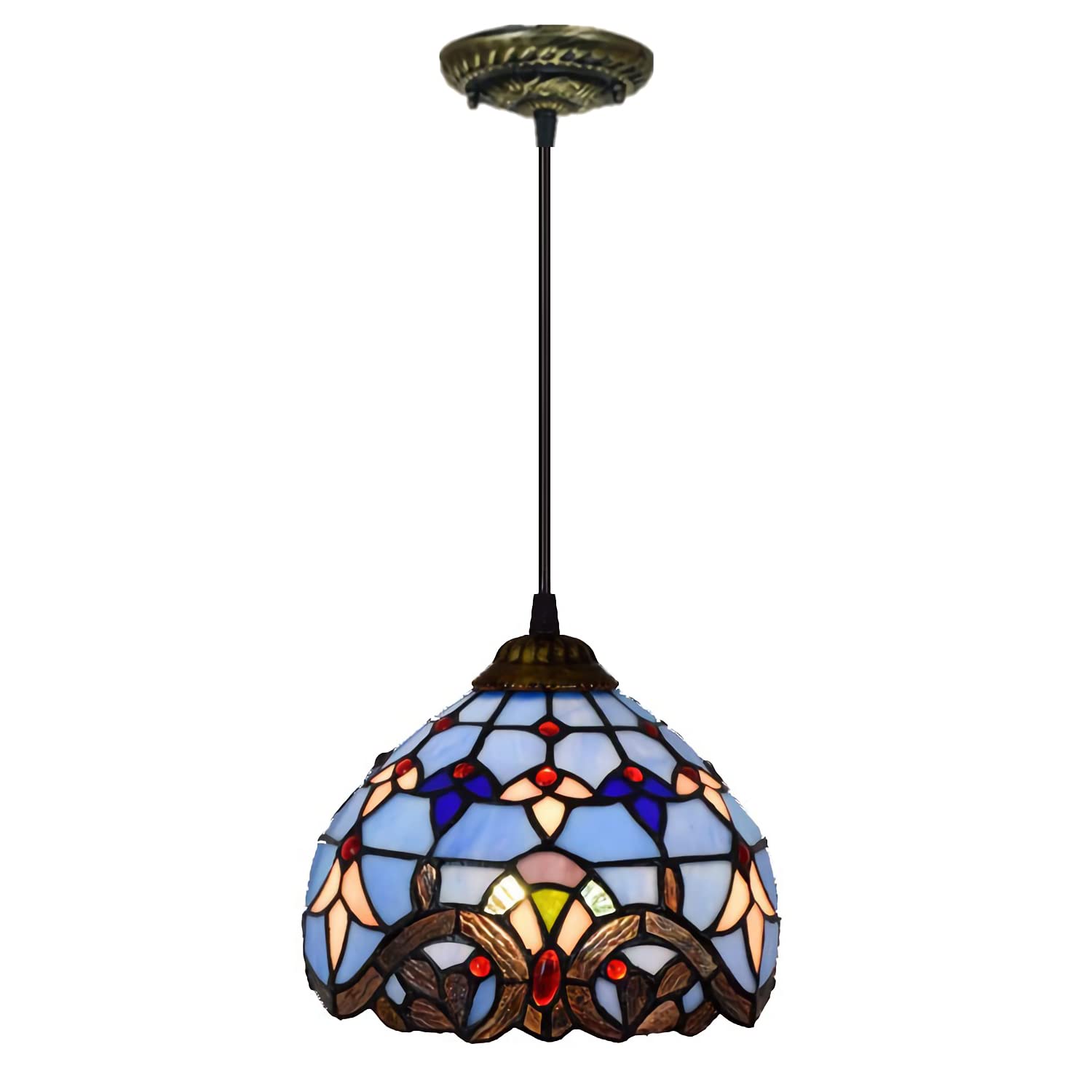 Aioneer Tiffany Style Baroque Chandeliers,Mediterranean Stained Glass Shade Ceiling Lighting Fixtures, Vintage Pendant Hanging Light For Bedroom Living Room Kitchen Island-Blue-20cm