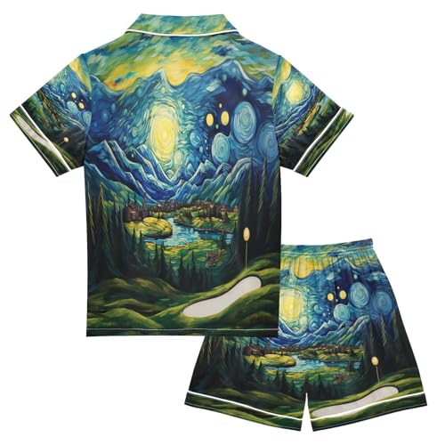 ALAZA Landscape Starry Night Van Gogh Satin Pajamas Set Short Sleeve Button Down Sleepwear Summer Pjs 2 Piece2