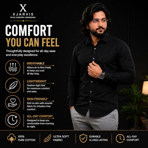 Image of MCAVOY Cotton Blend Shirt for Men | Full Sleeve Regular Fit Plain Formal & Casual Office Shirt | Black & White