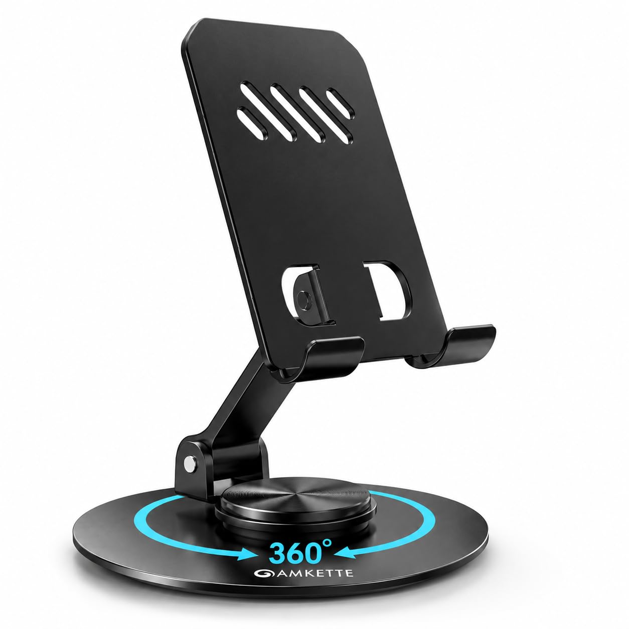 Amkette Ergo 360° Alloy Mobile Stand for Desk, Foldable Design with Stable Rotational Metallic Round Base, Multiple Height & Angle adjustments for Smartphones, Tablets & iPad (Grey) — Amazon image 10