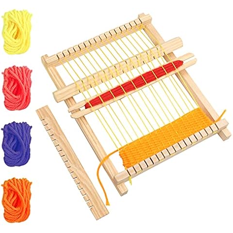 Curtzy Wooden Weaving Loom - 16.5 x 21.7cm / 6.5 x 8.54 Inches - Large Frame Multi-Craft Lap Hand-Knit Machine - Mixed Yarns, Adjusting Rod, Comb, Shuttle & Nylon Cord - Kit for Beginners Cover