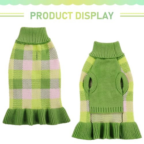 Image of Dog Sweater Dress Plaid Knitwear for Small Medium Dogs Warm Puppy Pet Turtleneck Stretch Pullover Cute Fall Winter Vest Clothes with Leash Hole for Christmas (Green, L)