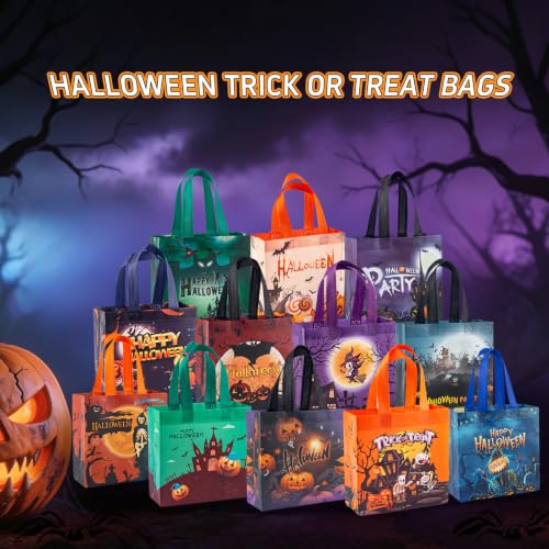 24 Pcs Halloween Trick or Treat Bags, 12 Designs Gift Bags with Handles, Reusable Non-Woven Halloween Tote Bags,Perfect for Halloween Gifts Wrap,Candy Goodie Packs,Party Favor Supplies,7.9"×7.9"×3.15" - image 3