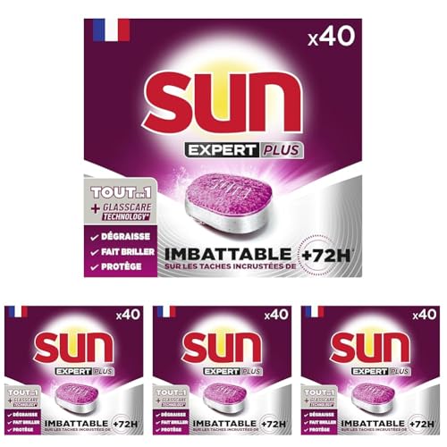 SUN - pastilles lave-vaisselle Tout en 1 Expert Plus - 40 tablettes - regular - imbattable sur les taches incrustées de + de 72h - Fabriqué en France (Lot de...