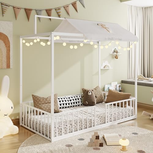 SOFTSEA 3-in-1 Convertible Twin Montessori Floor Bed, Twin Size Metal Canopy Bed with Metal Slats Support for Kids Teens, Adjustable Slats & Fence Guardrails, White
