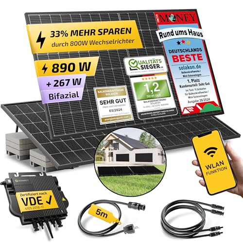 Solakon 900W Balkonkraftwerk mit Halterung (Flachdach) - Balkonkraftwerk 800W komplett...