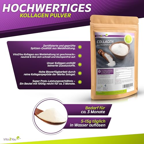 Vita2You Collagen Pulver 1kg - Bioaktives Kollagen - 100% CollaSel Pro® - aus Weidehaltung und Grasfütterung - Hydrolysat Peptide Typ 1 und 3 - Eiweiss -1000g - Premium Qualität