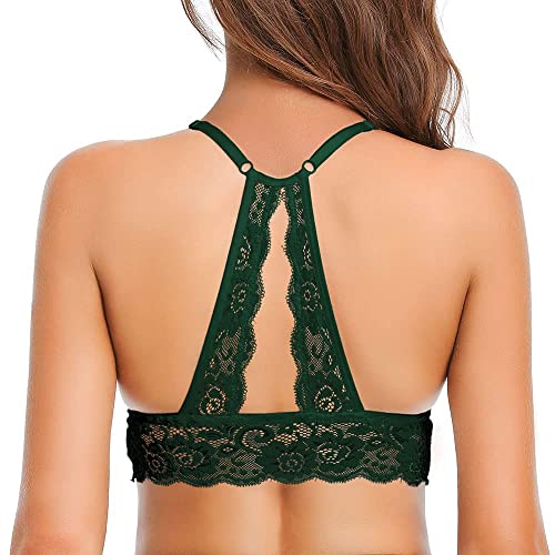 SHEKINI Lace Floral Bra Padded Breathable Racerback Wire Free Sexy Bralette Dark Green