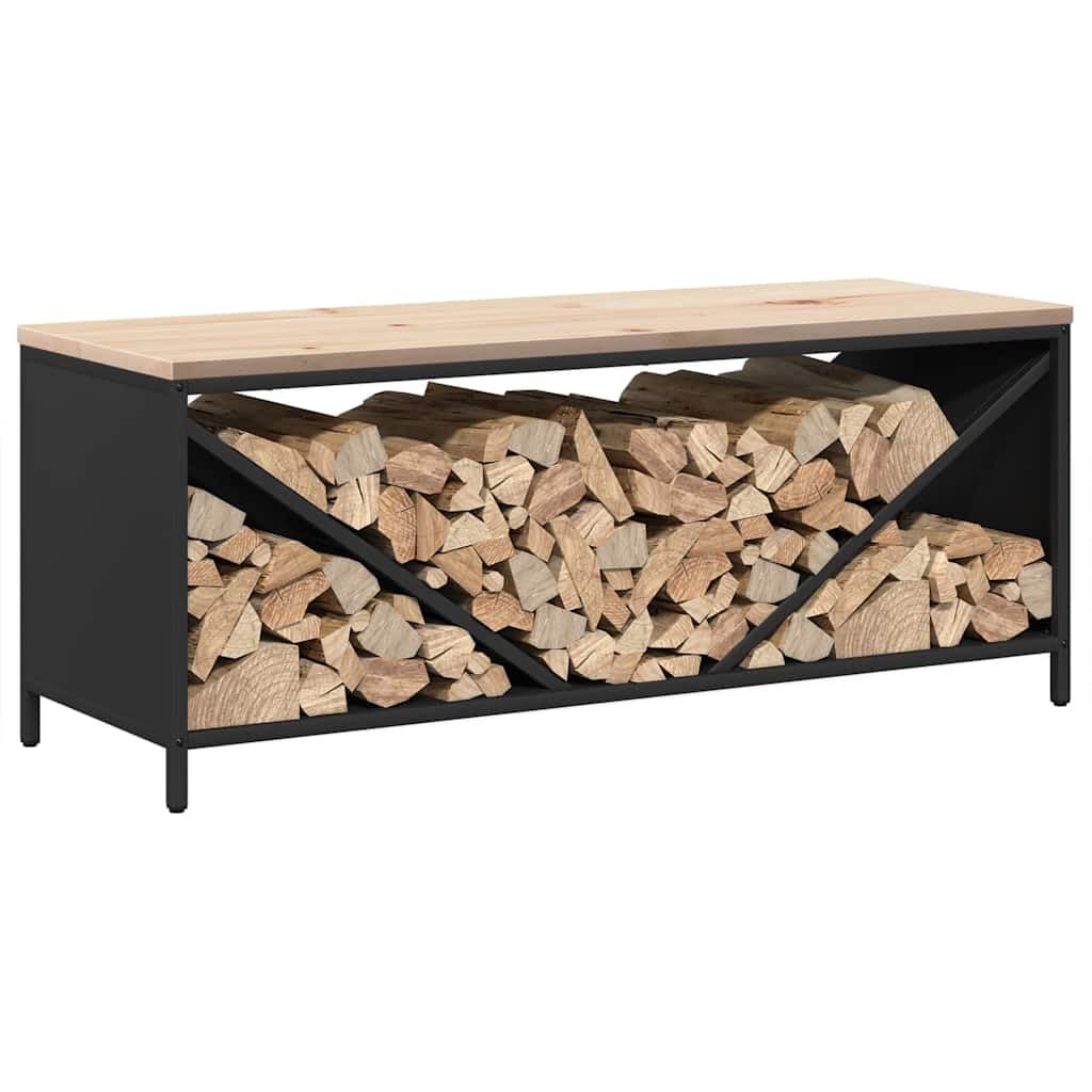 Brennholzregal mit Holzplatte Schwarz, Kaminholzregal aus kaltgewalztem Stahl und Kiefernholz, 100,5 x 35,5 x 40 cm, 100 kg Traglast, für Innenbereich, Wohnzimmer, Kamin und Ofen