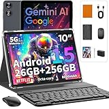 2026 Android 15 Tablet with Keyboard, 26GB+256GB+2TB Expand, 10 Inch Tablet PC with Gemini AI, Octa-Core, 8000mAh, 5G WiFi, Widevine L1, GPS, GMS, 2 in 1 Tablets with Case, Mouse, Stylus (Orange Case)