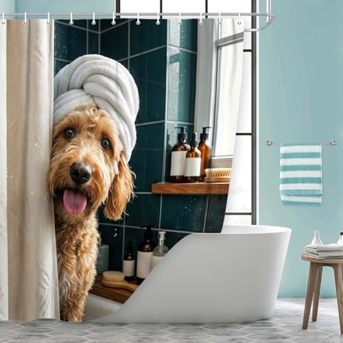 Image of Funny Dog Shower Curtain for Bathroom, Cute Fun Teddy Dog Animal Shower Curtain, Funny Puppy Hilarious Waterproof Bath Curtain Polyester Fabric with 12 Hooks 72x84 Inch