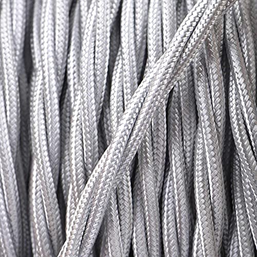 ElekTek verdrilltes umflochtenes Textilkabel, textilummanteltes Stromkabel, Passende Farben für Deckenrosette, Deckenbaldachin, Lampenkette und Lampenfassungen - Packung mit 2 m Länge Silber Chrom