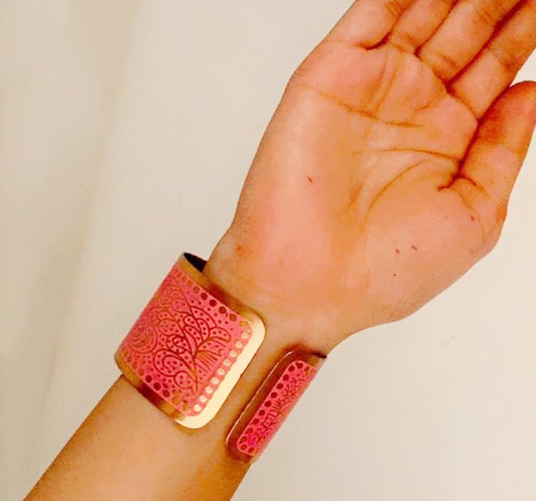 Image of Touchstone Indian Bollywood Desire Brass Base Exotic Workmanship Free Size Cuff Bracelet in Antique Gold Or White Or Copper Tone for Women.