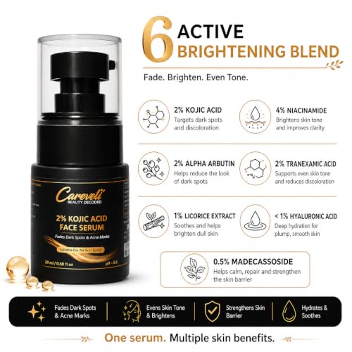 Image of 2% Kojic Acid Face Serum with 2% Alpha Arbutin, 4% Niacinamide, 2% Tranexamic Acid, 1% Licorice Extract, <1% Hyaluronic Acid & 0.5% Madecassoside | Face Serum for Dark Spots Appearance, Acne Marks, Pigmentation, Uneven Skin Tone & Glow | Lightweight & Non-Sticky (20 ml)