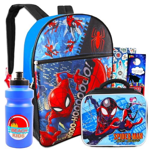 Conjunto de mochila infantil do Homem-Aranha ~ Pacote com 5 peças com bolsa escolar de luxo da Marvel de 40,6 cm, lancheira, garrafa de água, 300 adesivos e mais (material escolar de super-heróis para meninos e meninas)