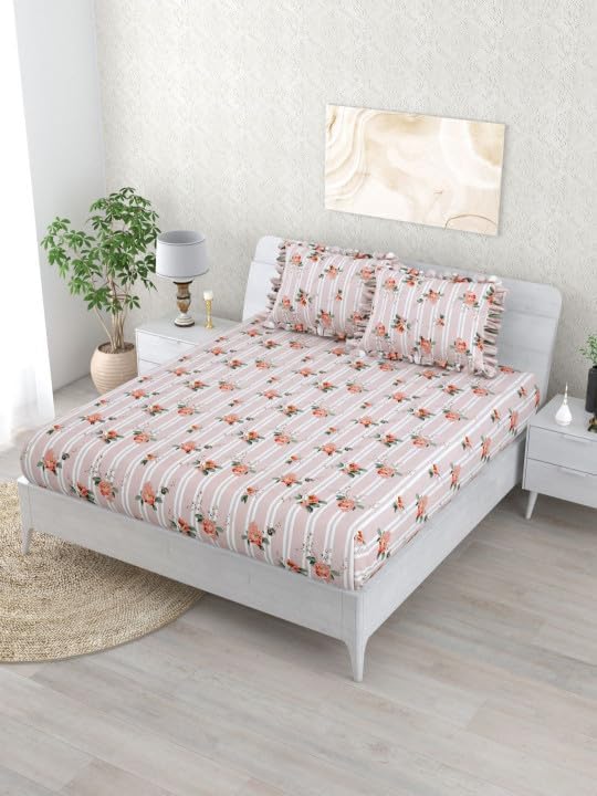 Image of King Size Fitted Bedsheet for Double Bed | 300 TC Cotton Feel Microfiber | All Around Elastic with 2 Frill Pillow Covers | Soft & Durable | (PinkRoseFrill, Fitted -60x78 Queen)