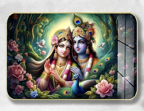 Image of Masstone Radha Krishna Crystal Embedded High Gloss Wall Painting, Golden Slim Frame, 45x30 Cm Wall Art for Living Room, Bedroom, Office & Home Decor (CRG33)