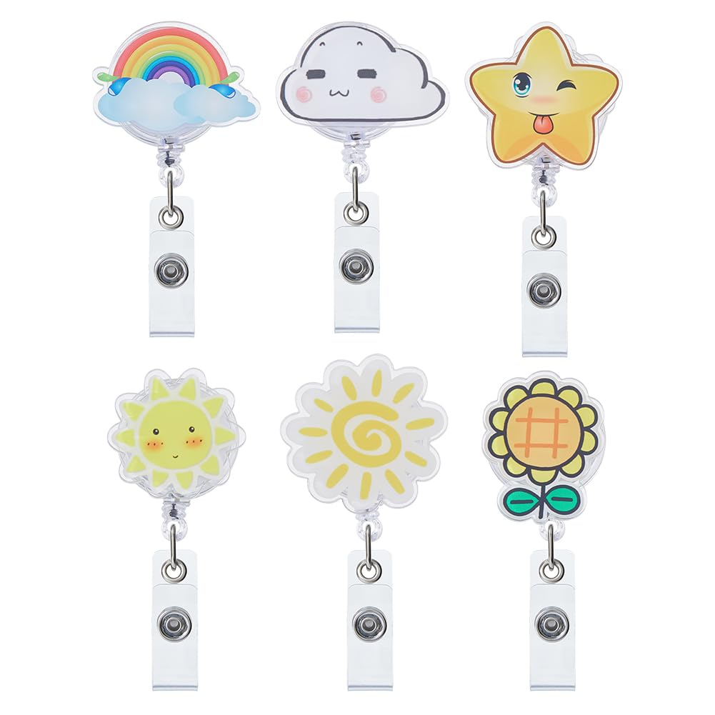 SUPERFINDINGS 6pcs 6 Styles Cute Cartoon Reel Holder Acrylic Retractable Reel Badge Nurse Badge Holder with Clip Flower Sun Star Cloud Rainbow ID Card Holders for Teachers Nurse Doctor Office Workers