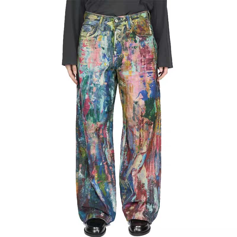 Unisex Y2k Vintage Color Ink Oil Painting Jeans Hiphop Rainbow Graffiti Streetwear Harajuku Baggy Casual Denim Pants2