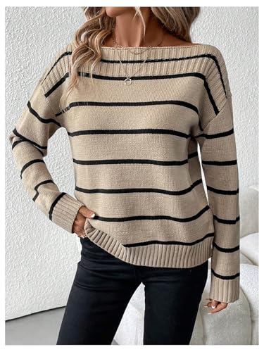 MakeMeChic Women's Striped Off The Shoulder Sweater Long Sleeve Knit Sweater Tops3