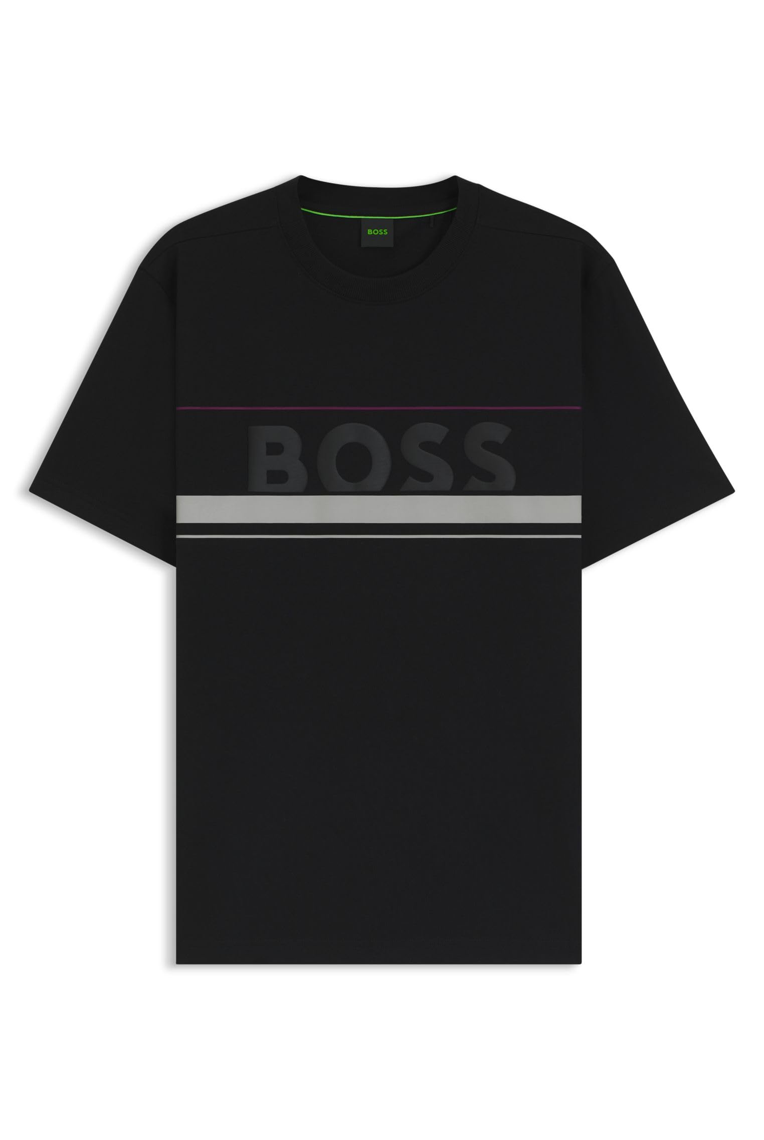 BOSS Mens Tee Iconic Zone Cotton-Jersey T-Shirt with Stripes and Logo Black