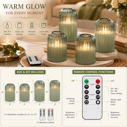 Image of Lezonic Green Glass Flameless Candles with Remote, Set of 4 Dancing Flame LED Pillar Candles, Real Wax Battery Operated Candles with 2 /4 /6 /8H Timer, Fall Halloween Thanksgiving Christmas Decor