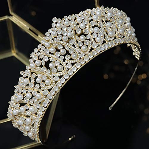 Modeldress CZ Cubic Zirconia Pearls Bridal Wedding Crowns and Tiaras Princess Birthday Party Pageant Headpieces For Women Girls HG0110 (Gold)
