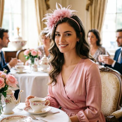 Image of DRESHOW Womens Fascinators Hats Tea Party Hats for Women Pearl Lace Feather Hat Vintage Derby Hats for Wedding Cocktail
