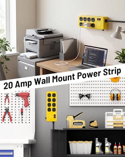 KeBen Extensión 20A Heavy Duty Power Strip Protector contra Sobretensiones, Amarillo, Calibre 12, 8 tomas, 10 pies miniatura 5