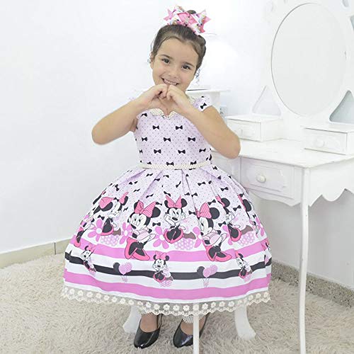 Vestido infantil tema Minnie Rosa com bordado em perolas