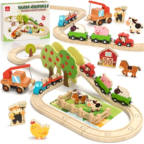 Image of Lehoo Castle Farm Wooden Train Set, Wooden Train Tracks Set for Kids