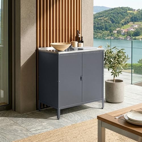casa.pro Armoire Basse de Jardin Meuble de Rangement pour Extérieur et Intérieur Placard Polyvalent avec Portes et Étagères pour Terrasse ou Balcon Acier Laqué 92 x...