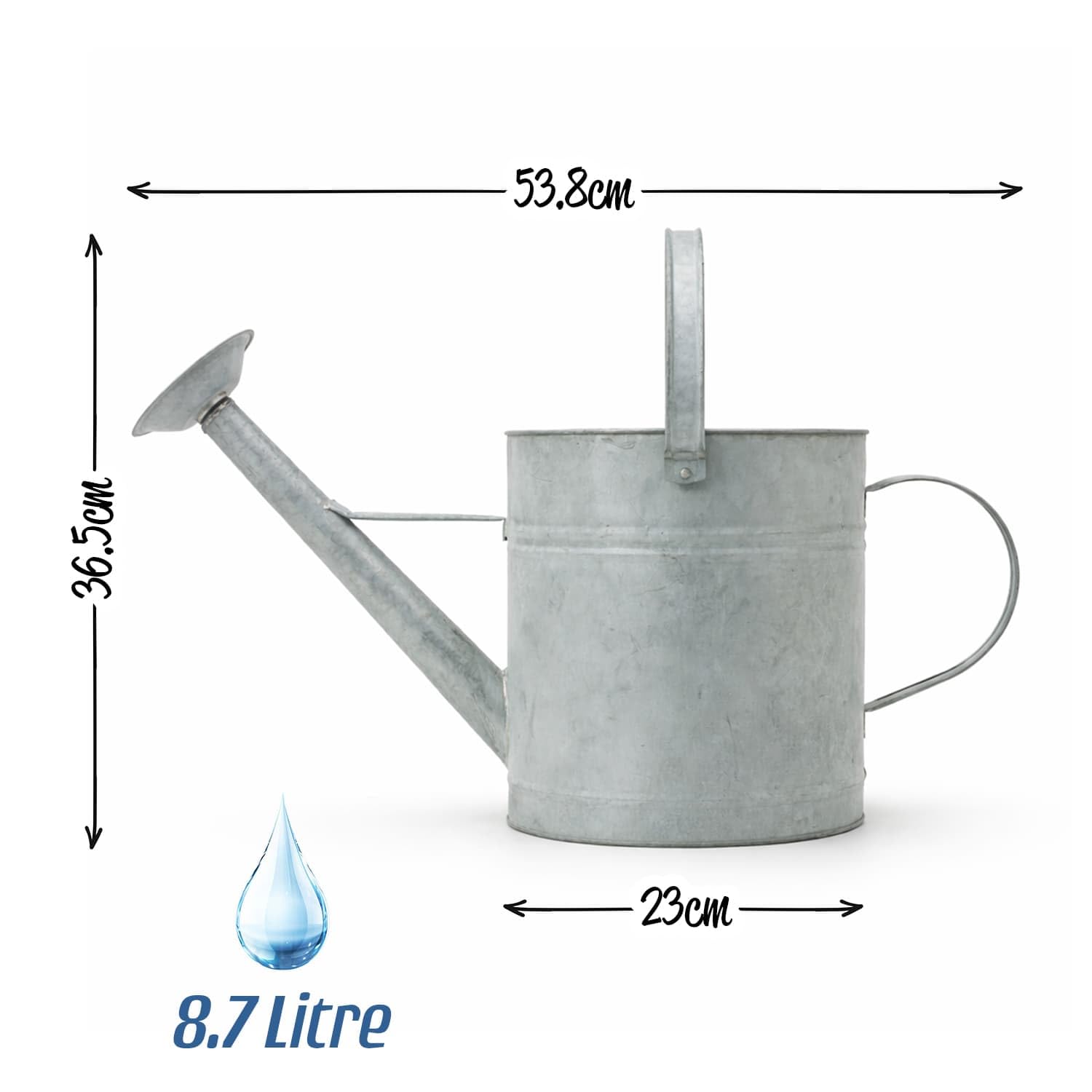 CKB LTD Konewka do zbierania opadów deszczu 8,7 l – duża zewnętrzna cynkowa metalowa puszka ogrodowa do zbierania wody deszczowej ze zdejmowaną różą i regulowanym uchwytem