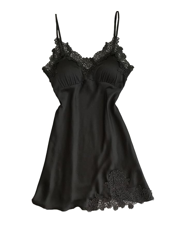 Weardear Nachthemd Damen Ärmelloses Nachtwäsche Kurz Baumwolle Nachtkleid Spitze V-Ausschnitt Sexy Negligee Schwarz S