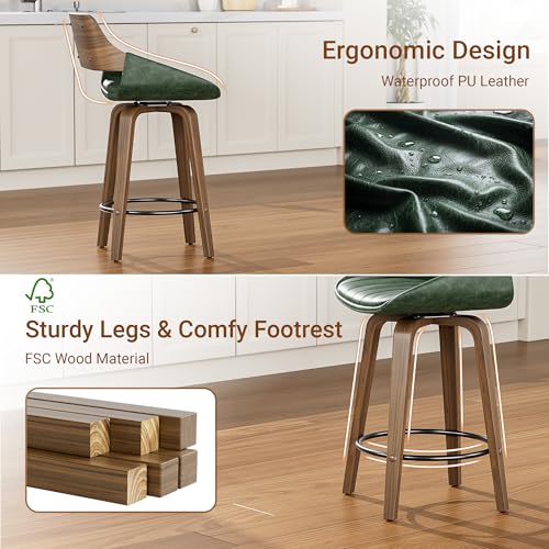 Image of YaFiti Bar Stools Set of 3, 26 inch Swivel Counter Height Barstools with Bentwood Back and Legs, Mid Century Modern Upholstered Faux Leather Counter Stools for Kitchen Island, Dining Room, Green