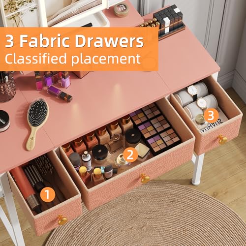 Image of HIGDBFE Small Makeup Vanity Desk 27.5''W with Mirror and Lights, 3 Drawers | USB Lighted Mirror, Height-Adjustable Stand, Fabric Drawers, Girls /Kids Gifts, Bedroom, Small Space, Dorm, Pink